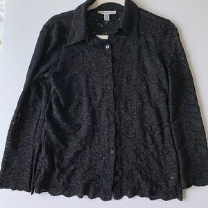 JM Collection Women Black Lace Button Down Scallop Hem Shirt, size Small